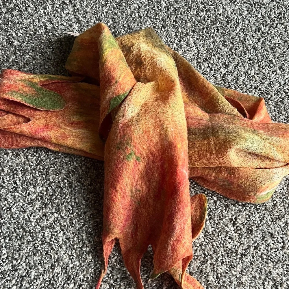 Handmade Felted Wool Scarf in Orange & Green - Artisan Brand
